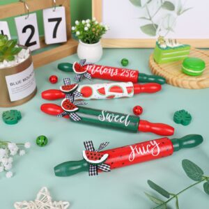 Whaline 4pcs Watermelon Mini Rolling Pins Red Green Watermelon Tiered Tray Decor with Bow Summer Home Kitchen Wooden Farmhouse Watermelon Decoration Table Centerpiece for Shelf Mantelpiece