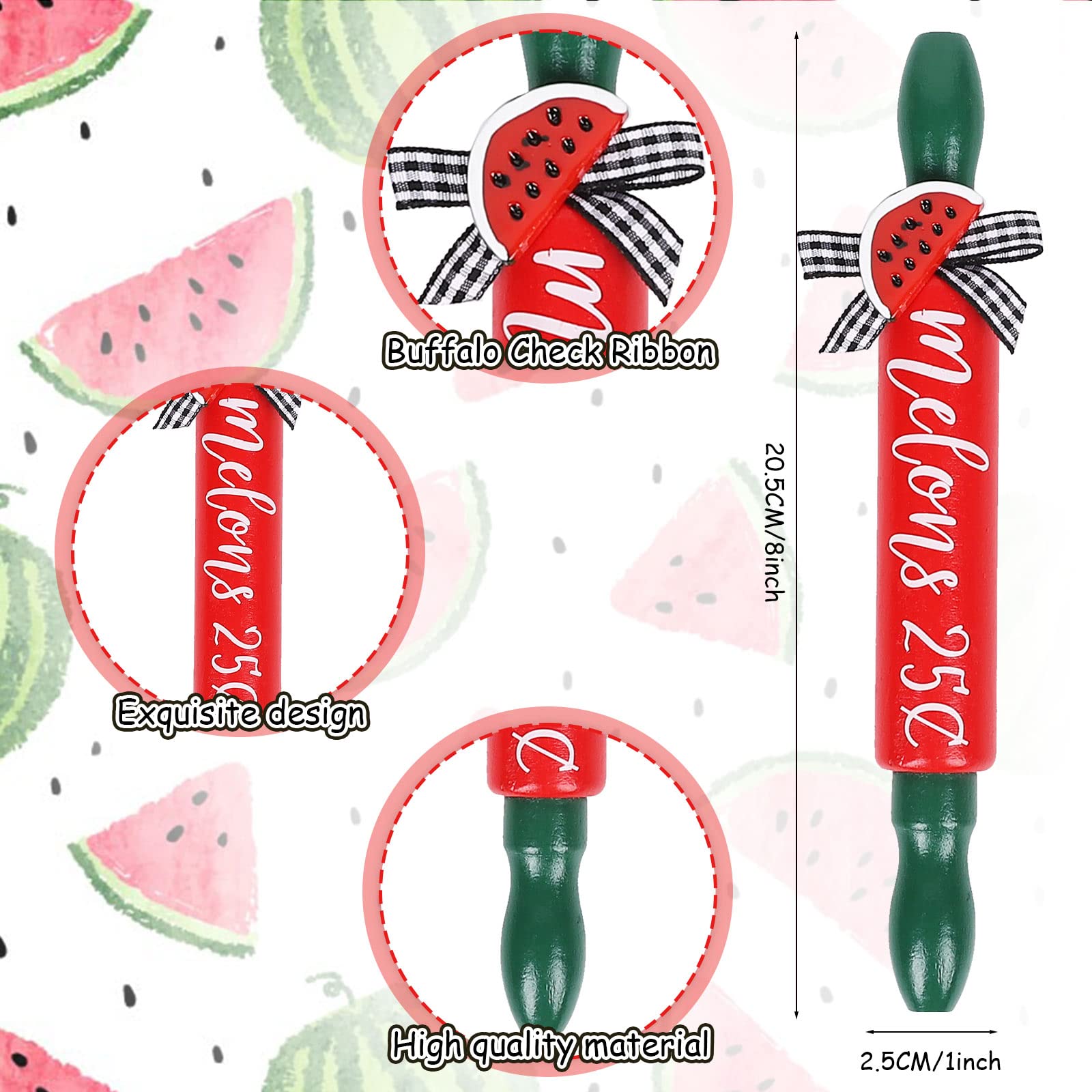 Whaline 4pcs Watermelon Mini Rolling Pins Red Green Watermelon Tiered Tray Decor with Bow Summer Home Kitchen Wooden Farmhouse Watermelon Decoration Table Centerpiece for Shelf Mantelpiece