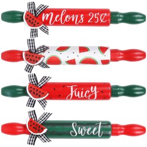 Whaline 4pcs Watermelon Mini Rolling Pins Red Green Watermelon Tiered Tray Decor with Bow Summer Home Kitchen Wooden Farmhouse Watermelon Decoration Table Centerpiece for Shelf Mantelpiece