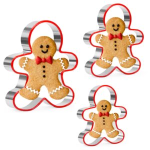 gingerbread man cookie cutters set, 3 pcs gingerbread man biscut cutters set stainless steel christmas cookie cutters with red environmental pvc - 5.3/4.5/3.5in