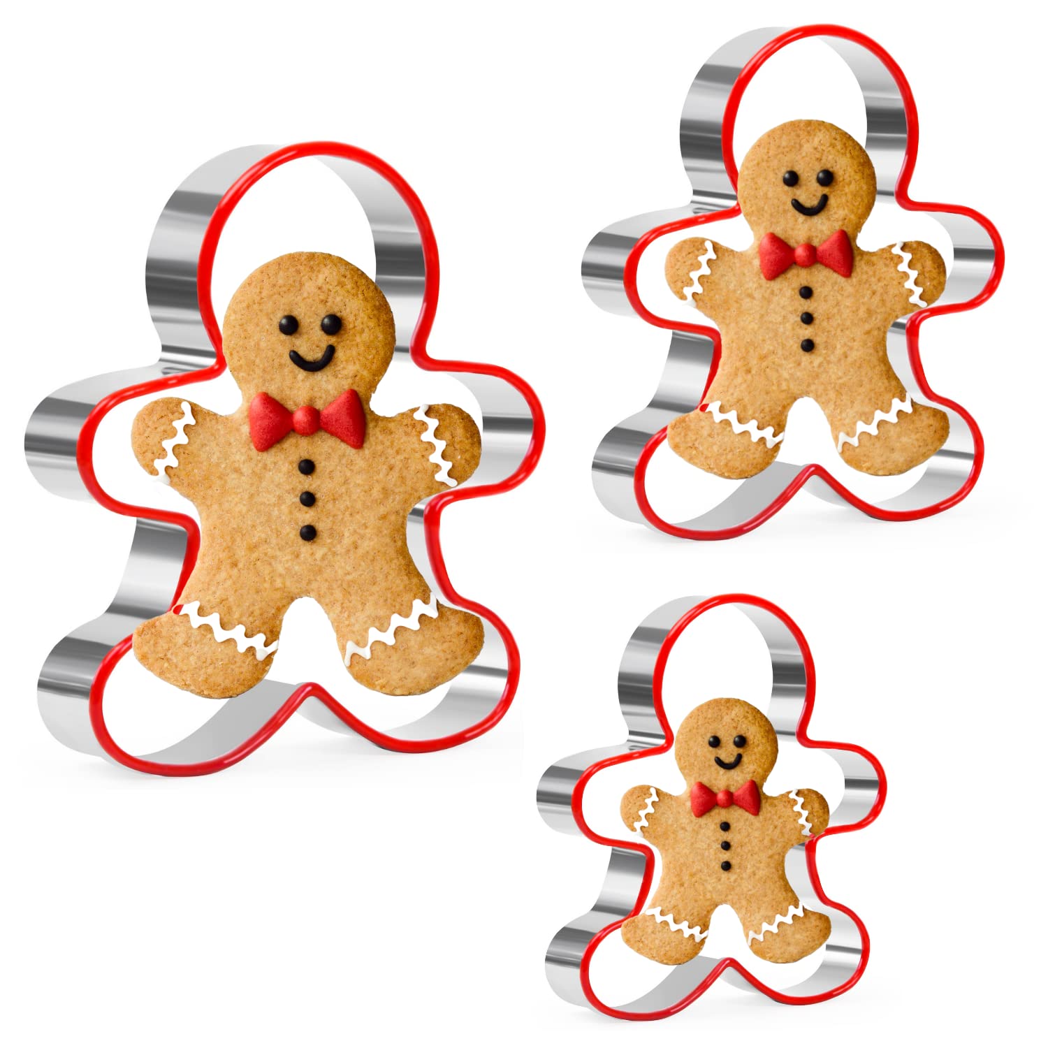 Gingerbread Man Cookie Cutters Set, 3 PCS Gingerbread Man Biscut Cutters Set Stainless Steel Christmas Cookie Cutters with Red Environmental PVC - 5.3/4.5/3.5IN