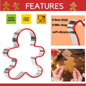 Gingerbread Man Cookie Cutters Set, 3 PCS Gingerbread Man Biscut Cutters Set Stainless Steel Christmas Cookie Cutters with Red Environmental PVC - 5.3/4.5/3.5IN