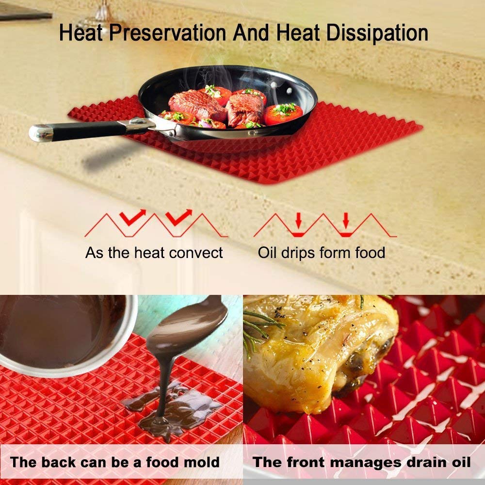 Ohequbao Non-Stick Silicone Baking, Pyramid Healthy Cooking Oven Mat Fat-red, Black-2 Pack