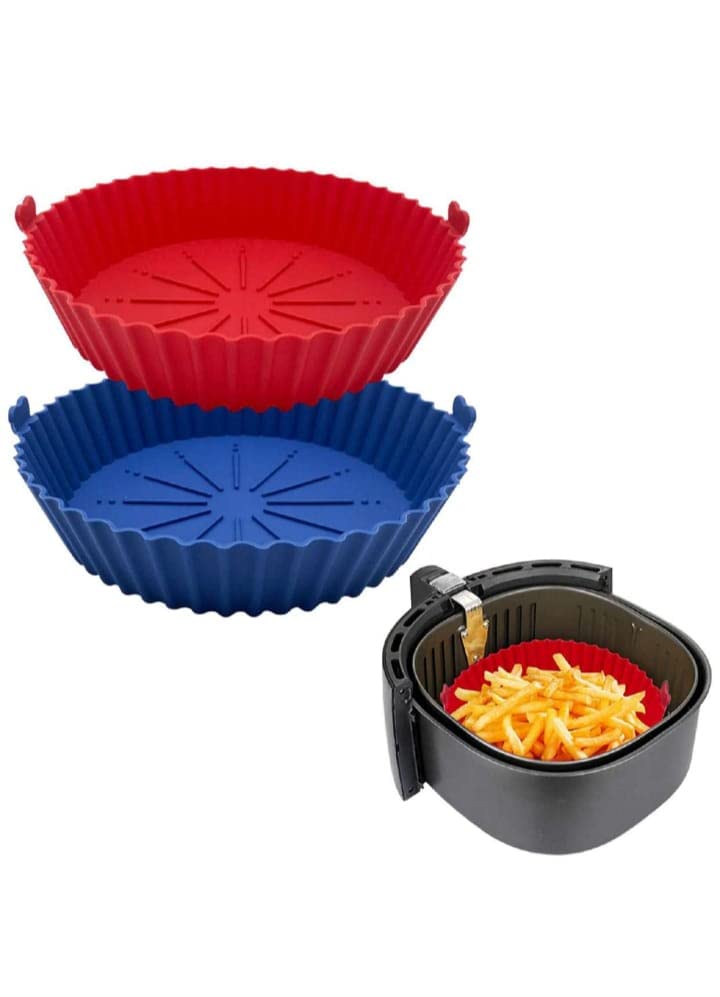 2 Pack Air Fryer Silicone Liners Pot - Replacement of Flammable Parchment Paper - Airfryer Silicone Crock Pot Liners - Airfly Oven/Microwave Accessories - Red+Blue - 8x6.75 Inches (Pack of 2)