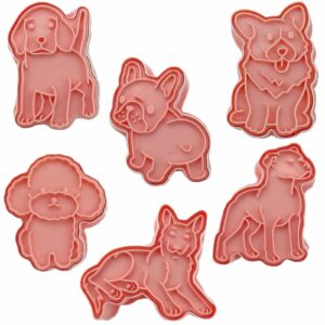 3d dog shaped cookie stamps set, 6 pcs of food grade plastic doggy stamping cookie cutters fondant stamper set for baking (pink)