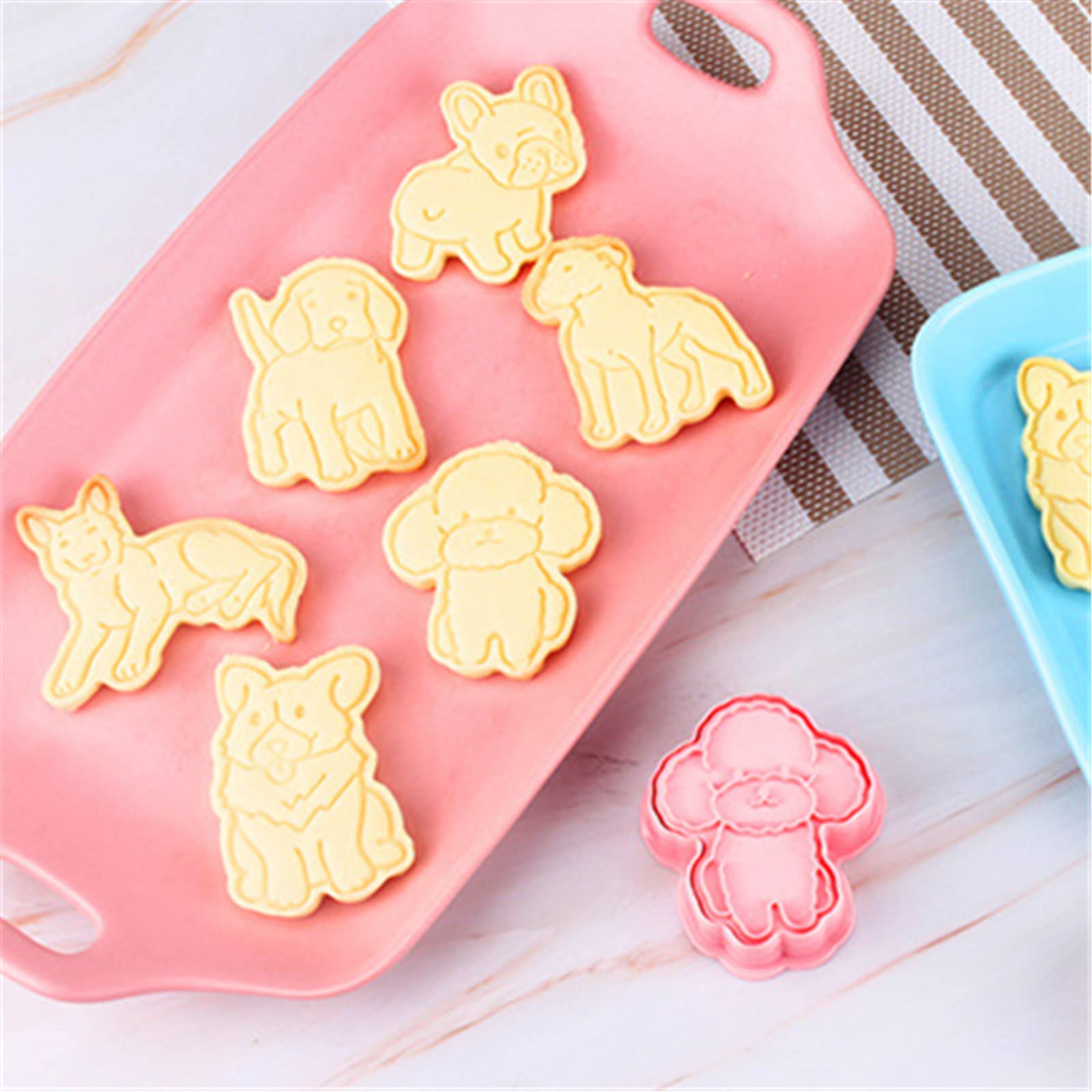 3D Dog Shaped Cookie Stamps Set, 6 pcs of Food Grade Plastic Doggy Stamping Cookie Cutters Fondant Stamper Set for Baking (Pink)