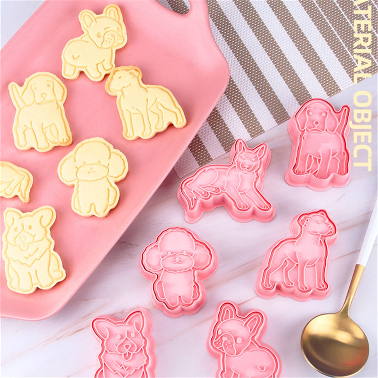 3D Dog Shaped Cookie Stamps Set, 6 pcs of Food Grade Plastic Doggy Stamping Cookie Cutters Fondant Stamper Set for Baking (Pink)