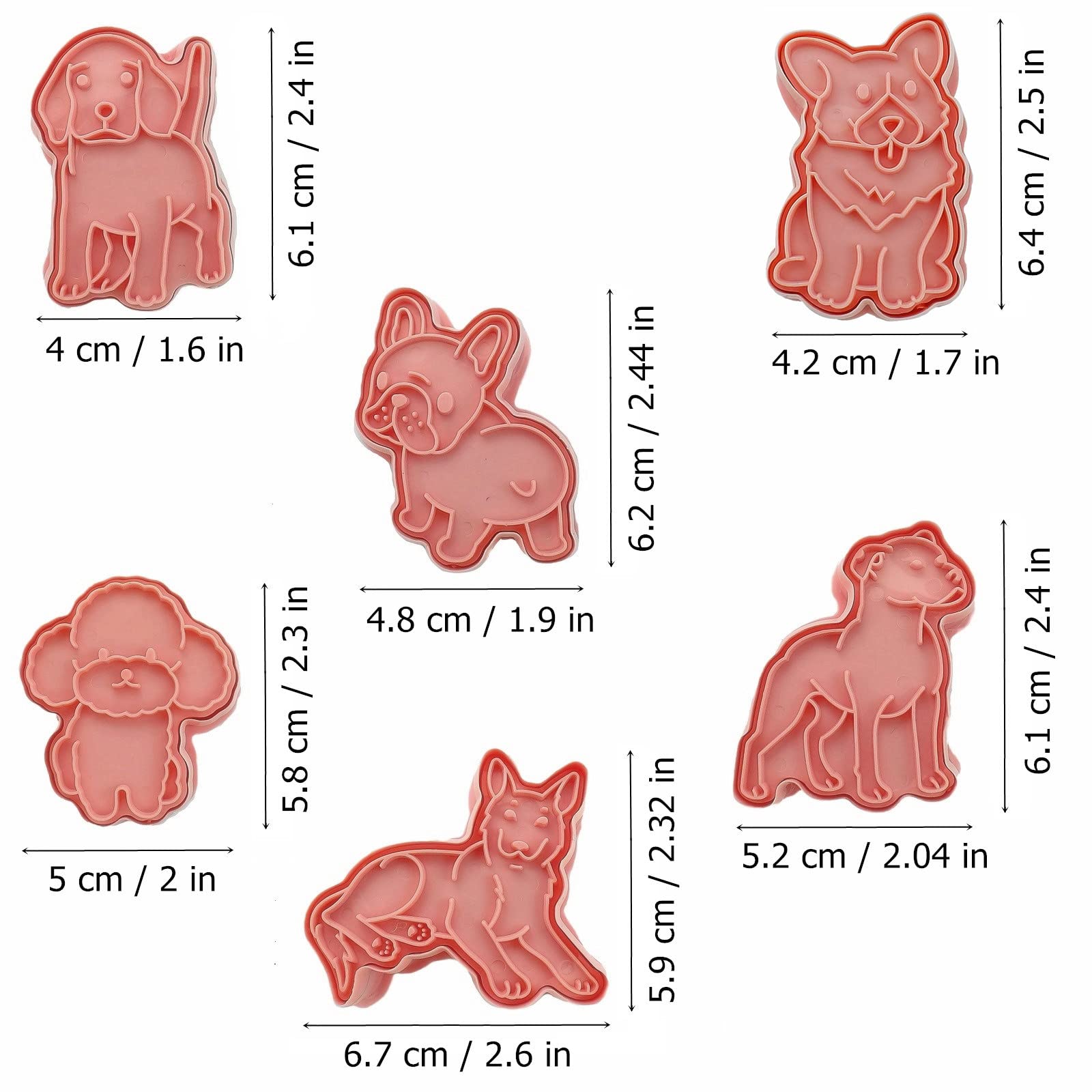 3D Dog Shaped Cookie Stamps Set, 6 pcs of Food Grade Plastic Doggy Stamping Cookie Cutters Fondant Stamper Set for Baking (Pink)