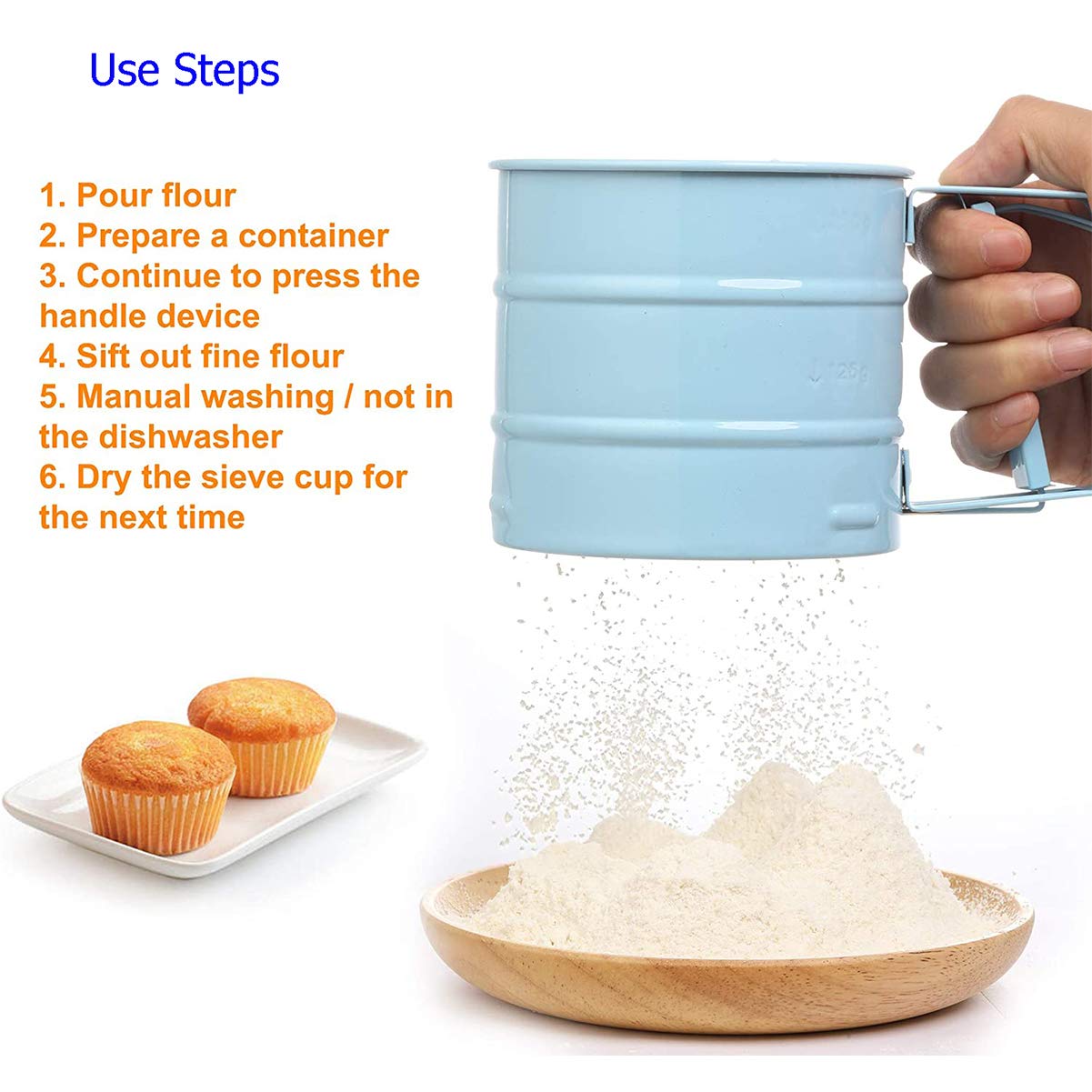 Flour Sifter, Baking Sifter Cup, Sifter for Baking, Flour Sieve with 24 Fine Mesh, Stainless Steel Handheld Baking Sieve Cup for Sugar, Flour, Coffee Powder