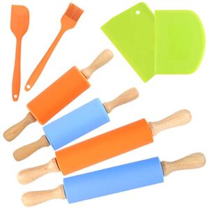 koogel 8 pcs silicone rolling pins set, 15 inch non-stick 9 inch kids rolling pin scraper chopper silicone oil brush spatula for parent-child baking