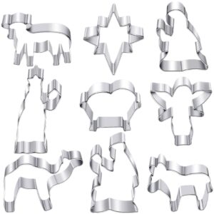 funtery 9 pcs christmas nativity cookie cutters set nativity scene stainless steel cookie cutter baby jesus in crib star of bethlehem sheep donkey cookie cutter for christmas baking
