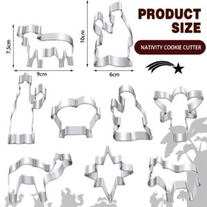 Funtery 9 Pcs Christmas Nativity Cookie Cutters Set Nativity Scene Stainless Steel Cookie Cutter Baby Jesus in Crib Star of Bethlehem Sheep Donkey Cookie Cutter for Christmas Baking