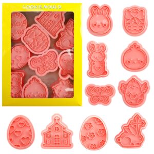 easter cookie cutters set 10 pcs cookie cutter with plunger stamps 3d easter embossing cutters for biscuit fondant cheese baking molds for rabbit, egg, butterfly, church, chick