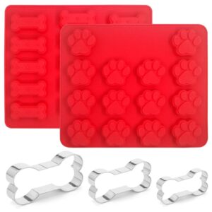 Set of 5, Dog Paws & Bones Silicone Mold and Stainless Steel Dog Bone Cookie Cutters, findTop Food Grade Silicone Mold and 3 Sizes of Biscuit Cutters