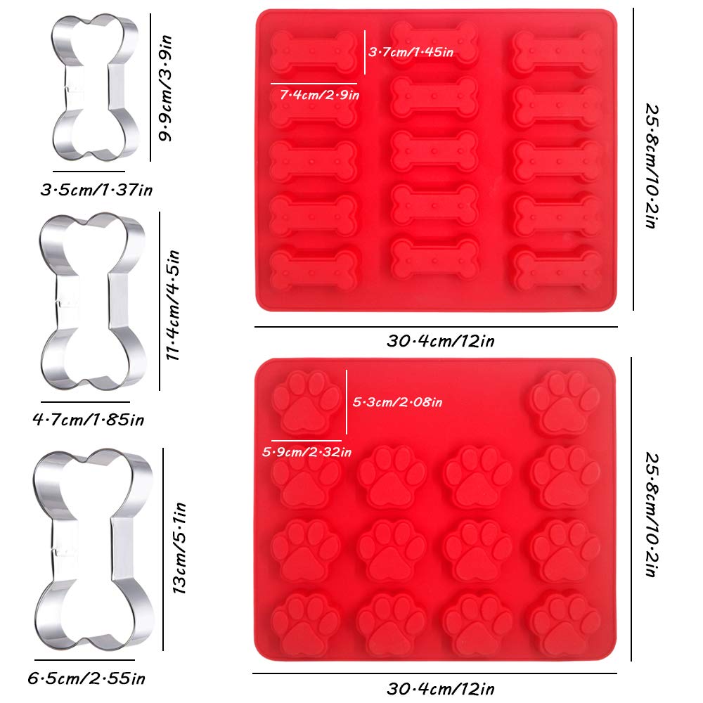 Set of 5, Dog Paws & Bones Silicone Mold and Stainless Steel Dog Bone Cookie Cutters, findTop Food Grade Silicone Mold and 3 Sizes of Biscuit Cutters