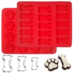 Set of 5, Dog Paws & Bones Silicone Mold and Stainless Steel Dog Bone Cookie Cutters, findTop Food Grade Silicone Mold and 3 Sizes of Biscuit Cutters