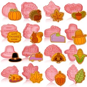 16 pieces fall thanksgiving cookie cutters with plunger stamps set fall biscuit mold maple leaf turkey pumpkin 3d cookie stamper plastic diy cookie tools for thanksgiving day baking fondant supplies