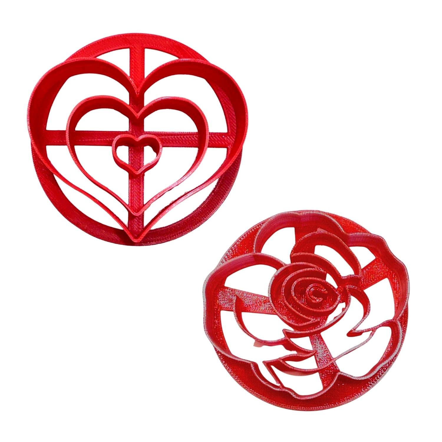 YNGLLC LOVE THEMED HEART ROSE DESIGNS SET OF 2 CONCHA CUTTERS MEXICAN SWEET BREAD STAMP MADE IN USA PR1632, Red