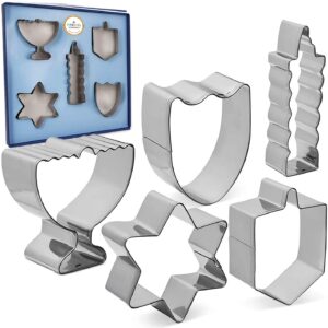 Stainless Steel Hanukkah Cookie Cutters, 5 Hanukkah Menorah, Dreidel, Chanuka Candle, Star, Maccabee Shield Shaped Cookie Cutters