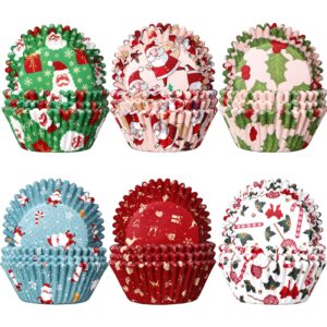 600 Pieces Christmas Cupcake Wrappers, Candy Santa Claus Cupcake Liners, Snowman Cupcake Cups, Xmas Colorful Paper Baking Cups for Cake Candy Make Baking Supplies, 6 Styles(Classic Styles)