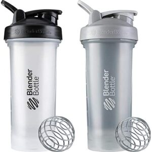 blenderbottle classic v2 shaker bottle perfect for protein shakes and pre workout, 28-ounce (2 pack), clear, pebble grey