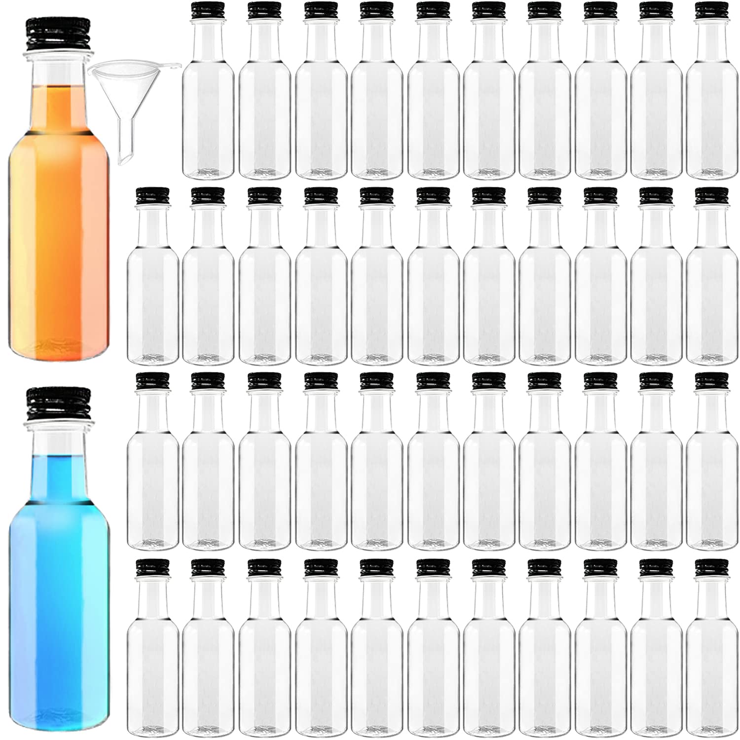 Mini Liquor Bottles,50 Pack Empty Spirit Bottles with Black Screw Cap,1.7oz Reusable Plastic Alcohol Shot Bottles with 10 Funnels for Baby Shower,Party,Weddings