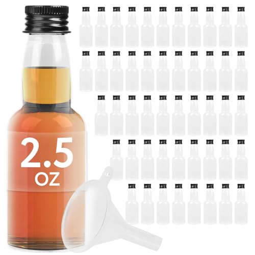 IMPRESA 50 pack 75ml 2.5oz Mini Liquor Bottles Bulk for Any Spirit Any Time - Get Creative with Mini Plastic Bottles for Unique Party Touch - Easy Clean Alcohol Bottles-No Leak Shot Bottles with Caps