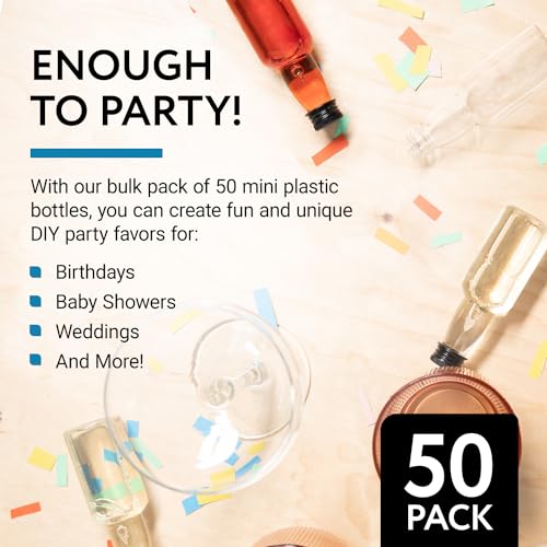 IMPRESA 50 pack 75ml 2.5oz Mini Liquor Bottles Bulk for Any Spirit Any Time - Get Creative with Mini Plastic Bottles for Unique Party Touch - Easy Clean Alcohol Bottles-No Leak Shot Bottles with Caps