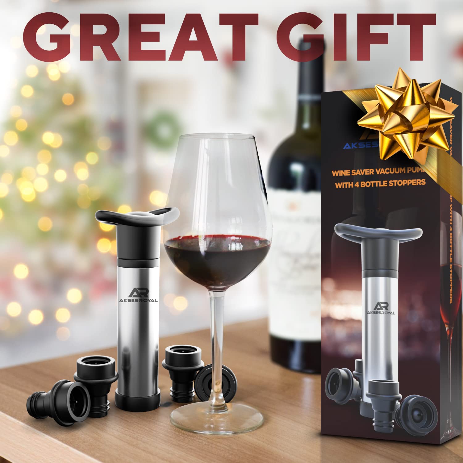 Premium Wine Pump Preserver Saver Kit - Includes Vacuum Pump & 4 Reusable Leak-Free Joystick Air Bottle Stoppers - Keeps your Wine Perfectly Fresh