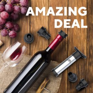 Premium Wine Pump Preserver Saver Kit - Includes Vacuum Pump & 4 Reusable Leak-Free Joystick Air Bottle Stoppers - Keeps your Wine Perfectly Fresh