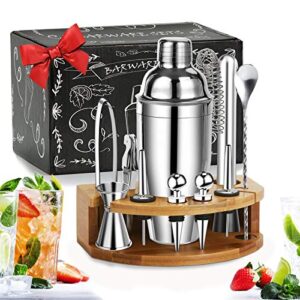 bestgk bartender kit cocktail shaker set, perfect home bartending kit with stylish stand, 25oz stainless steel martini shaker with cocktail recipes booklet