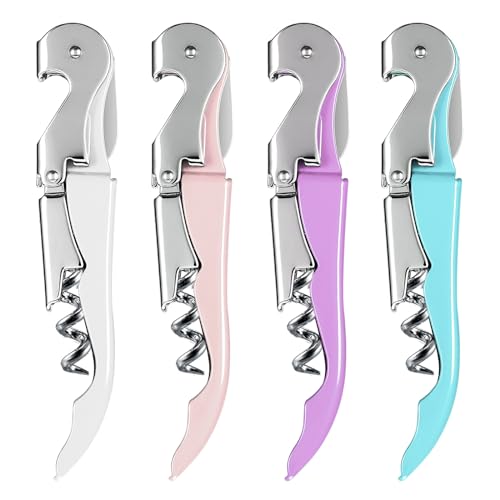 HYZ 4-Pack Wine Opener Waiter Corkscrew, Professional Wine Key for Servers, Bartender with Foil Cutter, Manual Wine Bottle Opener Double Hinged (White,Pink,Purple,Aqua Blue)