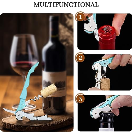 HYZ 4-Pack Wine Opener Waiter Corkscrew, Professional Wine Key for Servers, Bartender with Foil Cutter, Manual Wine Bottle Opener Double Hinged (White,Pink,Purple,Aqua Blue)