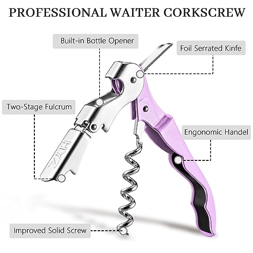 HYZ 4-Pack Wine Opener Waiter Corkscrew, Professional Wine Key for Servers, Bartender with Foil Cutter, Manual Wine Bottle Opener Double Hinged (White,Pink,Purple,Aqua Blue)