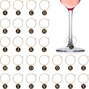 hicarer 26 pieces wine charms for stem glasses with rings tags metal letters glass charm markers letters beads markers for wine cocktail champagne party favors decorations family gathering (black)