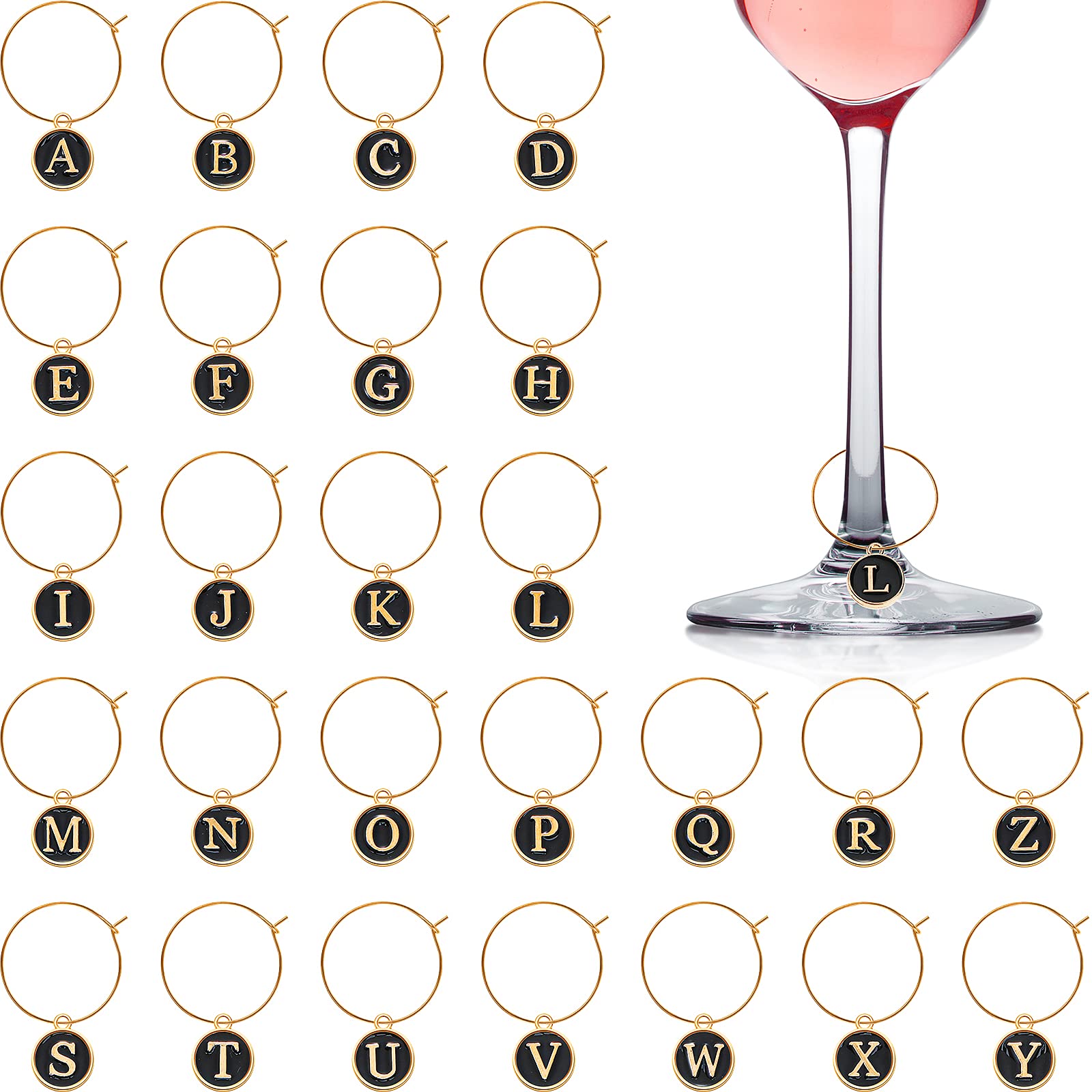 Hicarer 26 Pieces Wine Charms for Stem Glasses with Rings Tags Metal Letters Glass Charm Markers Letters Beads Markers for Wine Cocktail Champagne Party Favors Decorations Family Gathering (Black)