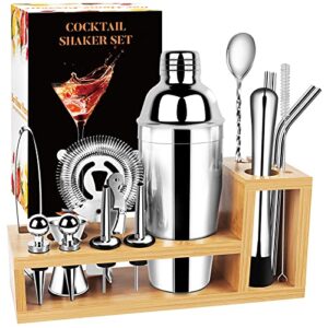 cocktail shaker set bartender kit - 17 pcs bar set with bamboo stand, premium stainless steel bar tool set, home bar martini shaker set for drinking lovers