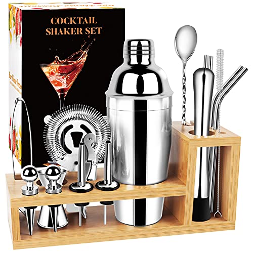 Cocktail Shaker Set Bartender Kit - 17 Pcs Bar Set with Bamboo Stand, Premium Stainless Steel Bar Tool Set, Home Bar Martini Shaker Set for Drinking Lovers