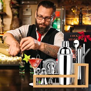 Cocktail Shaker Set Bartender Kit - 17 Pcs Bar Set with Bamboo Stand, Premium Stainless Steel Bar Tool Set, Home Bar Martini Shaker Set for Drinking Lovers