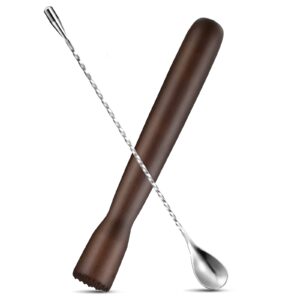 wooden cocktail muddler drinks muddler bar muddler and 12 inches spiral mixing spoon stainless steel shaker spiral spoon for making cocktails drinks juice (brown)