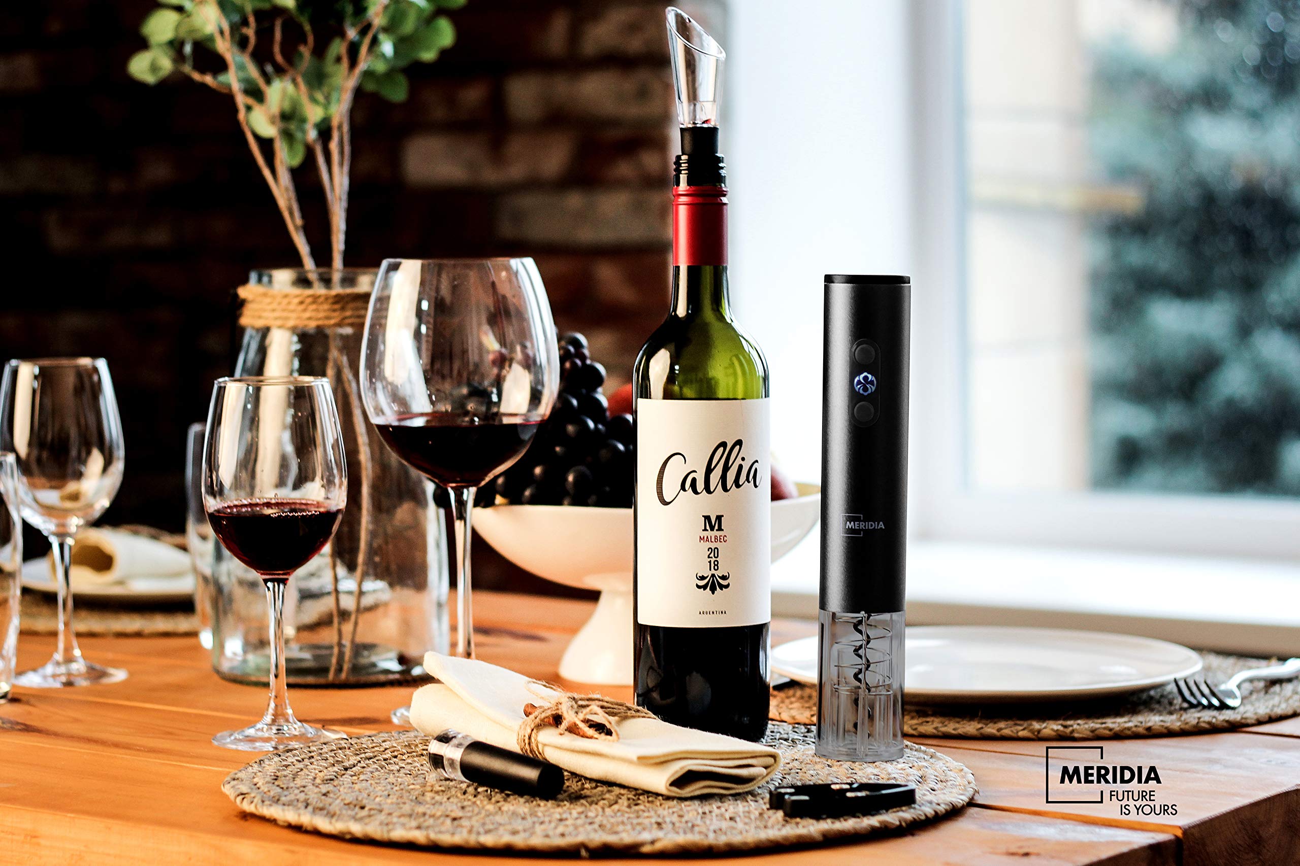 Meridia Electric Wine Opener Set with Charger - Automatic Rechargeable Bottle Corkscrew - Foil Cutter, Aerator Pourer, Vacuum Wine Stopper - Housewarming, Father’s Day & Birthday Gift