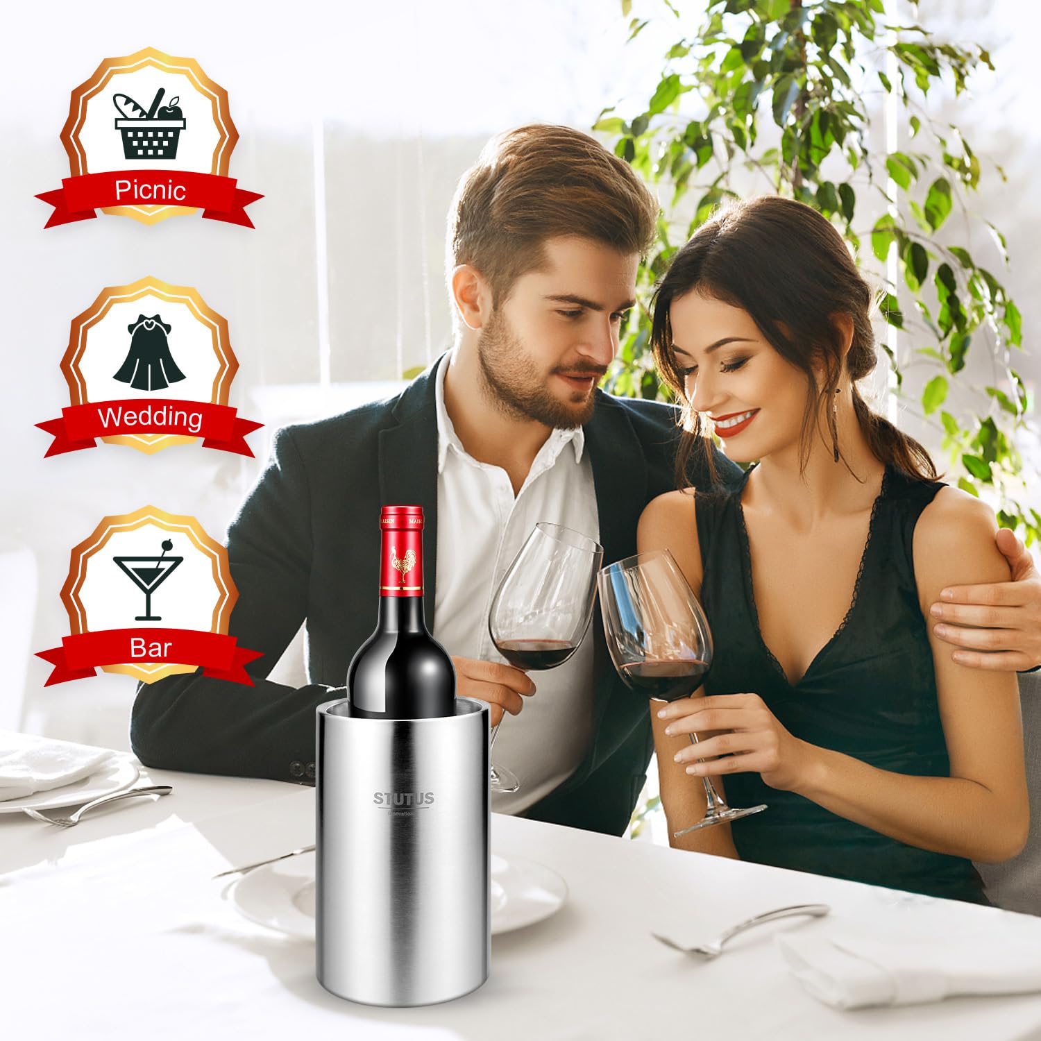 Wine Chiller Bucket, STUTUS Stainless Steel Double Wall White Wine Bottle Cooler Bucket, Insulated Champagne Beer Ice Bucket