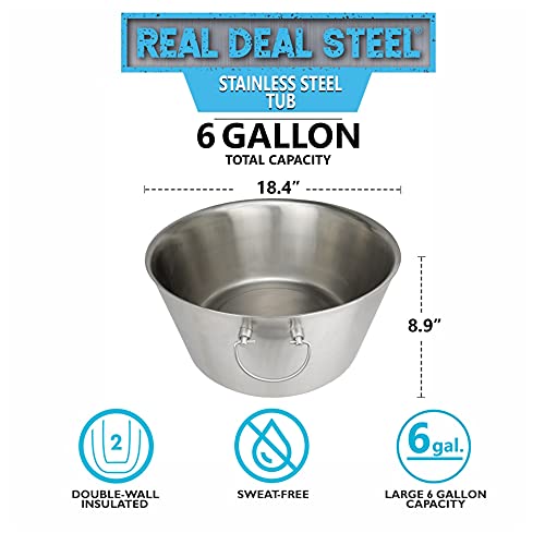 Stainless Steel Insulated Beverage Tub - Real Deal Steel, Large 6 Gallon Round Double Walled Party Tub, Drink Bucket for Parties, Ice Tub Cooler for Wine & Beer