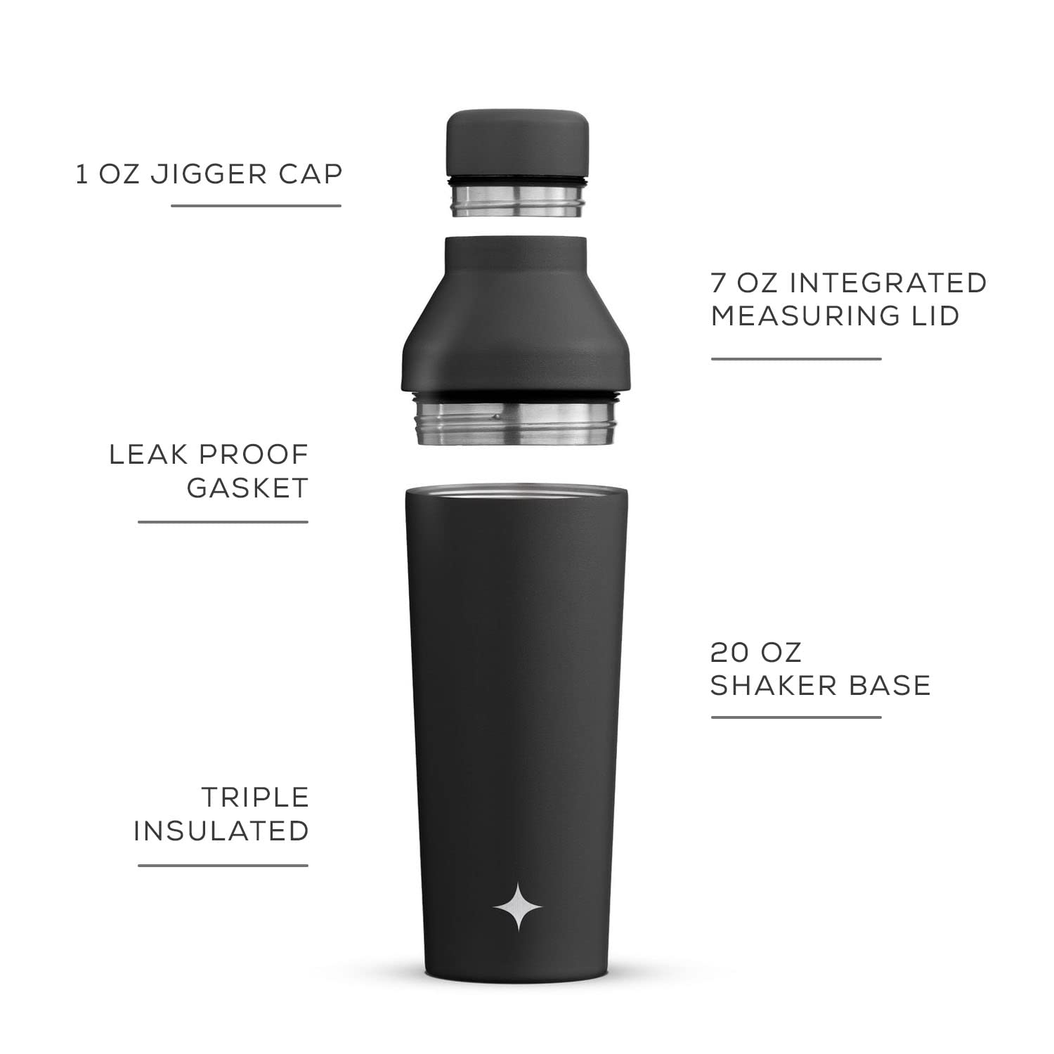 JoyJolt Triple Insulated Cocktail/Protein Shaker Bottle. 20oz Shaker Cup with Alcohol Measure Lid and Jigger Cap. 12hr Ice Cold Shaker Bottles for Protein Mixes, Shake or Smoothie Cups, Metal Mixer