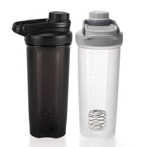 eympeu 2 pack 24oz shaker bottle work out bpa & phthalate-free, leakproof shaker cup. solid screw lid cup bottles dishwasher safe for protein mixes, clear/black