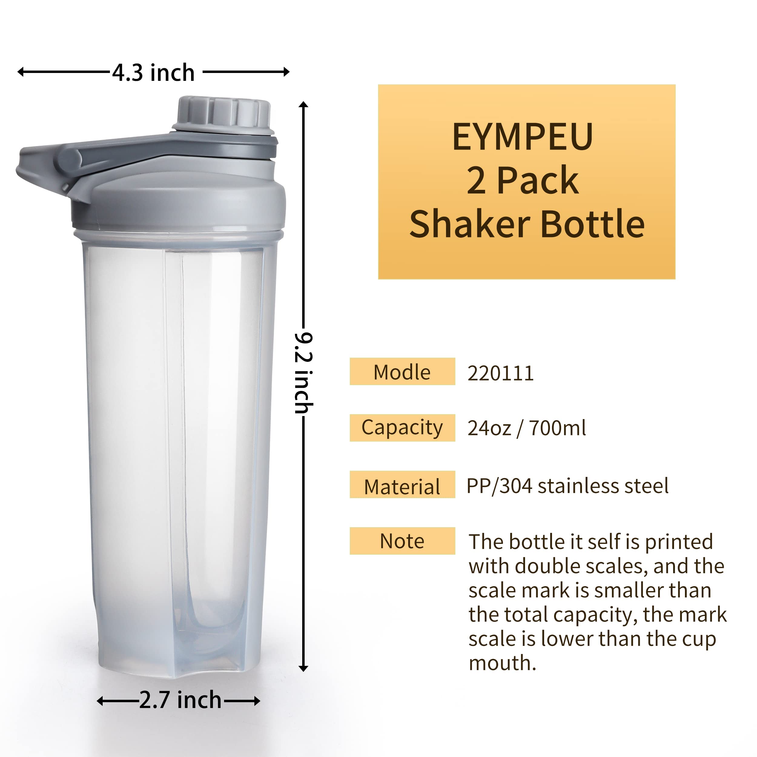 EYMPEU 2 Pack 24oz Shaker Bottle Work Out BPA & Phthalate-free, Leakproof Shaker Cup. Solid Screw lid Cup Bottles Dishwasher Safe for Protein Mixes, Clear/Black