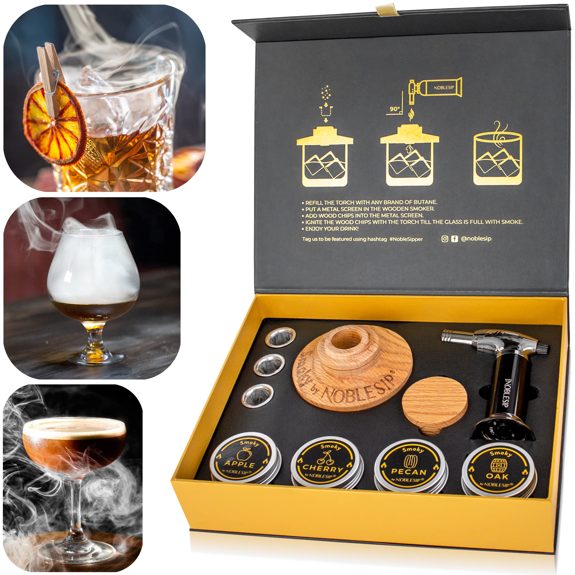 Whiskey Smoker Kit 𝗣𝗥𝗘𝗠𝗜𝗨𝗠 Smoky by NOBLESIP - Complete Bar Set to Smoke your Old Fashioneds and all your Favorite Cocktails. Great gift for Whisky, Bourbon, and Scotch lovers. 100% Natural Oak