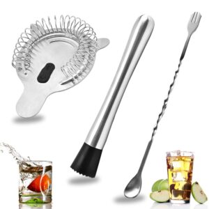 senhai stainless steel cocktail muddler, spiral mixing spoon & 4-prong bar strainer, home bar bartender's muddling tool set