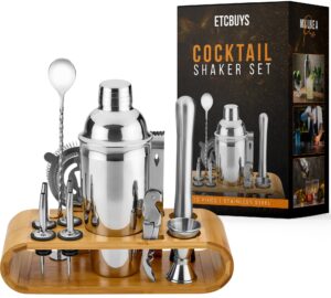 mixology bartender kit - home bar accessories set with jigger and shakers for bartending, 25oz martini shaker, strainer, spoon, pourers, muddler, corkscrew, bamboo stand - bar supplies 12 piece