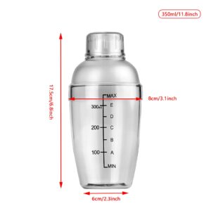 1Pc Plastic Cocktail Shaker with Scale and Strainer Top, Clear Plastic Cocktail Shaker Bottle Wine Mixer Bottle Cocktail Tea Measuring Jigger for Bar Party Home Use (350ml/12oz)